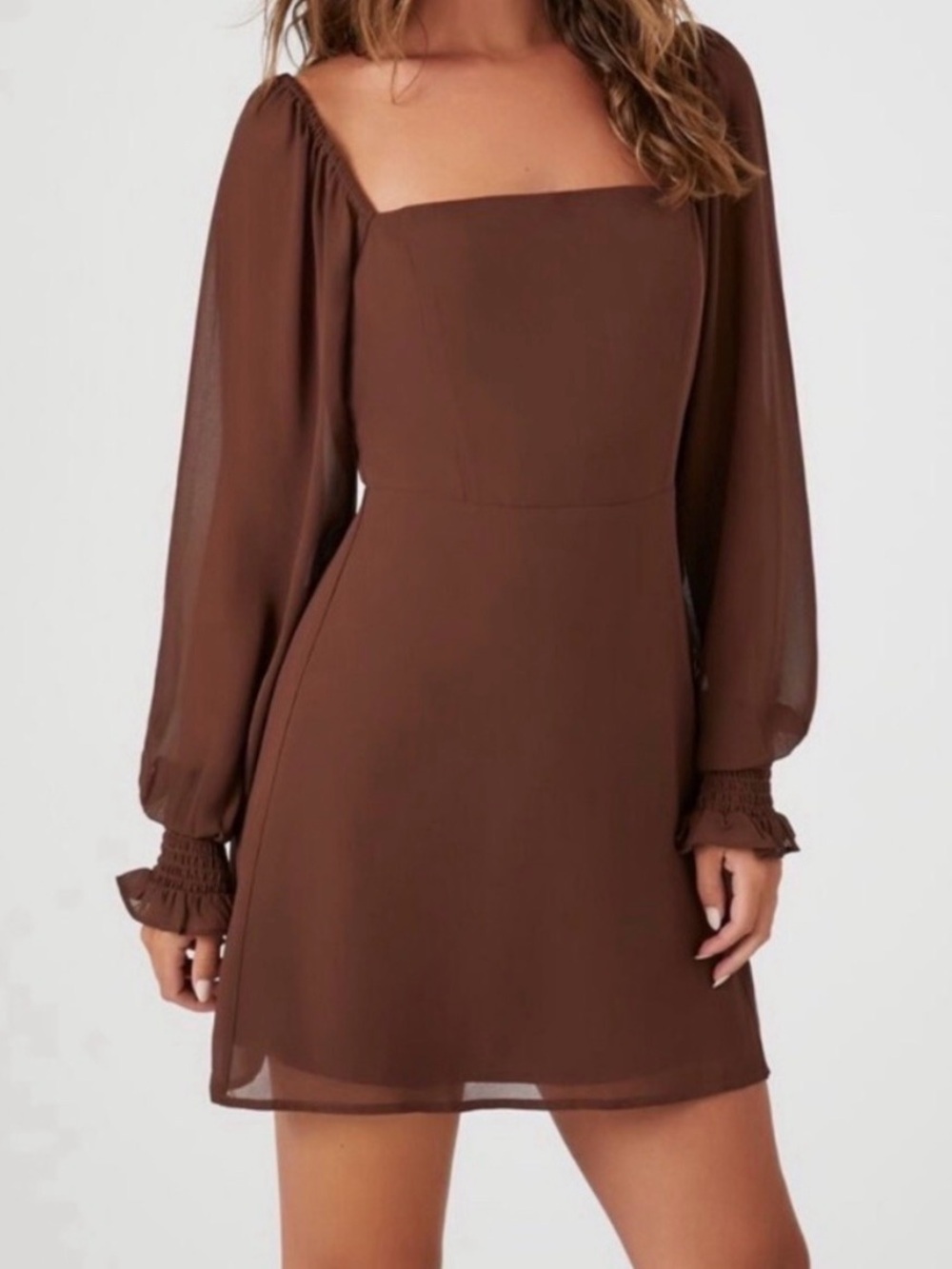 Forever 21 Brown Chiffon Mini Dress Long Sheer Sleeves Smocked Back Size Medium